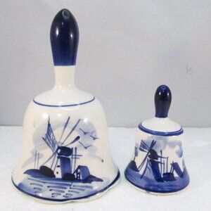 Vintage Ceramic Handpainted Blue Delft Bells Holland 2 Piece Set